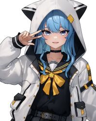 Rule 34 | 1girl, animal hood, arm at side, belt, black choker, black sailor collar, black serafuku, black shirt, black skirt, blue eyes, blue hair, bluefield, bow, bowtie, cat hood, choker, commentary request, grey belt, hand up, highres, hololive, hood, hood up, hooded jacket, hoshimachi suisei, hoshimachi suisei (school uniform), jacket, light blush, long hair, long sleeves, looking at viewer, official alternate costume, open clothes, open jacket, parted lips, puffy long sleeves, puffy sleeves, sailor collar, school uniform, serafuku, shirt, simple background, skirt, smile, solo, star (symbol), star in eye, symbol in eye, upper body, virtual youtuber, w, white background, white jacket, yellow bow, yellow bowtie