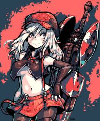 Rule 34 | 10s, 1girl, alisa ilinichina amiella, bleeding, blood, blood on face, blue eyes, blush, boots, breasts, cabbie hat, elbow gloves, fingerless gloves, gloves, god eater, god eater burst, hat, holding, holding weapon, huge weapon, long hair, looking at viewer, navel, open mouth, pantyhose, silver hair, skirt, solo, suspenders, sword, thigh boots, thighhighs, underboob, weapon