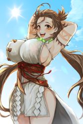 Rule 34 | 1girl, :d, arm tattoo, armpits, arms behind head, breasts, brown eyes, brown hair, cloud, facial mark, fate/grand order, fate (series), flower tattoo, forehead mark, highres, himiko (fate), himiko (first ascension) (fate), huge breasts, long hair, looking at viewer, low twintails, masao sao, obi, open mouth, round teeth, sash, sideboob, sky, smile, solo, sun, sunlight, tattoo, teeth, thighs, tongue, twintails, upper body