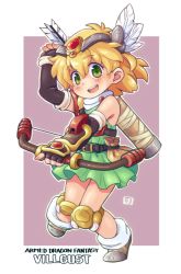 Rule 34 | 1girl, :d, arrow (projectile), belt, blonde hair, blush, boots, bow (weapon), copyright name, dress, fanna (villgust), female focus, fingerless gloves, gauntlets, gloves, green dress, green eyes, holding, holding bow (weapon), holding weapon, kouryuu densetsu villgust, mawaru (mawaru), open mouth, pouch, quiver, smile, solo, tiara, weapon
