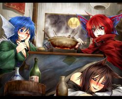 Rule 34 | 3girls, animal ears, bare shoulders, blue eyes, blue hair, blush, bottle, bow, breasts, cape, chopsticks, cleavage, closed eyes, fins, full moon, hair bow, hand on own cheek, hand on own face, head fins, imaizumi kagerou, japanese clothes, kimono, kotatsu, letterboxed, long sleeves, moon, multiple girls, night, obi, off shoulder, one eye closed, red eyes, red hair, ryuuichi (f dragon), sake bottle, sash, sekibanki, shirt, skirt, sleeping, smile, table, touhou, wakasagihime, wide sleeves, window, wolf ears