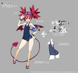 Rule 34 | 1girl, ass, bracelet, character sheet, copyright notice, demon girl, demon tail, demon wings, disgaea, disgaea rpg, earrings, etna (disgaea), goggles, goggles on head, grey background, hand on own hip, jewelry, official art, open mouth, prinny, red eyes, red hair, red tail, red wings, sandals, school swimsuit, simple background, solo, swimsuit, tail, twintails, wings