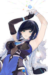 Rule 34 | 1girl, aqua eyes, armpits, arms up, asymmetrical gloves, black gloves, black hair, blue hair, blush, breasts, diagonal bangs, dice, earrings, elbow gloves, fishnets, fur-trimmed jacket, fur trim, genshin impact, gloves, highres, jacket, jewelry, looking at viewer, medium breasts, mismatched gloves, mole, mole on breast, multicolored hair, parted lips, ran (bearsoymilk), simple background, single elbow glove, solo, tassel, upper body, vision (genshin impact), white background, white gloves, white jacket, yelan (genshin impact)