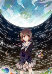 Rule 34 | 10s, 1girl, blurry, bow, brown hair, earth (planet), flower, hair bow, hami (lvct), hammer, highres, koto (kyousougiga), kyousougiga, long hair, looking at viewer, moon, planet, ponytail, red eyes, school uniform, serafuku, skirt, solo, space, star trail, stuffed toy, weapon