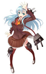 Rule 34 | 10s, 1girl, aqua eyes, aqua hair, blazer, blush, boots, breasts, brown thighhighs, cannon, hair ornament, hairclip, jacket, kantai collection, large breasts, long hair, looking at viewer, nueco, open mouth, personification, school uniform, skirt, smile, solo, suzuya (kancolle), thighhighs, turret, zettai ryouiki