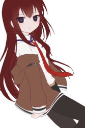 Rule 34 | 1girl, arm belt, arms at sides, belt, black belt, black eyes, black pantyhose, black shorts, breasts, bright pupils, brown jacket, closed mouth, collared shirt, dot nose, expressionless, highres, jacket, kanzaki nyo, long hair, long sleeves, looking at viewer, makise kurisu, necktie, open clothes, open jacket, pantyhose, red hair, red necktie, shirt, short shorts, shorts, sidelocks, simple background, small breasts, solo, steins;gate, white background, white belt, white pupils, white shirt
