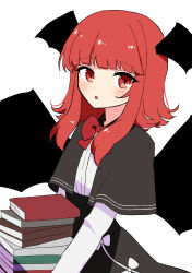 Rule 34 | 144udy, 1girl, :o, absurdres, bat wings, blunt bangs, blush, book, book stack, carrying, commentary request, foul detective satori, head wings, highres, koakuma, long hair, looking at viewer, open mouth, red eyes, red hair, simple background, solo, touhou, white background, wings