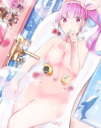 Rule 34 | 1girl, aqua hair, bathtub, breasts, bubble, blowing bubbles, character doll, colored inner hair, completely nude, drill hair, flower, hairband, hololive, medium breasts, minato aqua, multicolored hair, nude, partially submerged, petals, pink eyes, pink hair, rose, rose petals, rubber duck, side drill, solo, sparkle, streaked hair, two-tone hair, virtual youtuber, yukino (yukinosora1126)