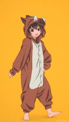 Rule 34 | 1girl, :d, akagi (fmttps), animal costume, artist name, barefoot, brown eyes, brown hair, chinese zodiac, commentary, full body, girls und panzer, hand on own hip, highres, looking at viewer, nakajima (girls und panzer), open mouth, orange background, pajamas, pig costume, short hair, simple background, smile, solo, standing, toes up, twitter username, year of the pig