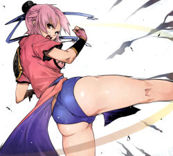 Rule 34 | 1girl, akinaie, angry, ass, bad id, bad pixiv id, bun cover, china dress, chinese clothes, dragon quest, dragon quest dai no daibouken, dress, fingerless gloves, from behind, gauntlets, gloves, high kick, kicking, maam, open mouth, pink hair, red eyes, red hair, solo, spread legs