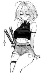 Rule 34 | 1girl, :&lt;, ahoge, arm strap, arm support, armpit crease, bare shoulders, belt, bob cut, breasts, covered collarbone, cowboy shot, crop top, cross, cross hair ornament, cross necklace, dot nose, exposed pocket, greyscale, hair between eyes, hair ornament, jewelry, katana, looking at viewer, medium breasts, midriff, monochrome, navel, necklace, o-ring, o-ring thigh strap, original, sasami (ki), short hair, short shorts, shorts, simple background, sketch, solo, sword, thigh strap, weapon, white background