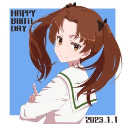 Rule 34 | 1girl, absurdres, birthday, black bow, blue background, bow, brown eyes, brown hair, closed mouth, commentary, dated, english text, from side, girls und panzer, hair bow, happy birthday, highres, index finger raised, kadotani anzu, looking at viewer, looking back, medium hair, ooarai school uniform, oritako, outside border, parted bangs, school uniform, smile, solo, twintails, upper body