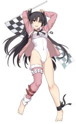 Rule 34 | 1girl, ankle ribbon, arms behind head, arms up, barefoot, black hair, black ribbon, breasts, checkered flag, covered navel, curvy, closed eyes, fate/grand order, fate (series), feet, female focus, flag, frilled thighhighs, frills, full body, fur trim, hair ribbon, holding, holding flag, ishtar (fate), ishtar (swimsuit rider) (fate), jacket, leg ribbon, long hair, looking at viewer, medium breasts, one-piece swimsuit, one eye closed, open mouth, pink jacket, pink thighhighs, red eyes, ribbon, shiseki hirame, simple background, single thighhigh, solo, swimsuit, thighhighs, thighs, tohsaka rin, twintails, two side up, unzipped, very long hair, white background, white one-piece swimsuit, wink
