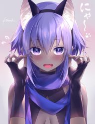 Rule 34 | 1girl, :d, animal ears, artist name, bare shoulders, black gloves, blue scarf, blush, cat day, cat ears, dark-skinned female, dark skin, fake animal ears, fang, fate/prototype, fate/prototype: fragments of blue and silver, fate (series), fingerless gloves, gloves, hair between eyes, hairband, hassan of serenity (fate), kousaki rui, looking at viewer, open mouth, purple eyes, purple hair, scarf, short hair, sidelocks, signature, smile, solo
