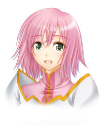 Rule 34 | 00s, 1girl, :d, blush, estellise sidos heurassein, green eyes, lips, looking at viewer, open mouth, pink hair, portrait, ribucci, short hair, simple background, smile, solo, tales of (series), tales of vesperia, tareme, upper body, white background