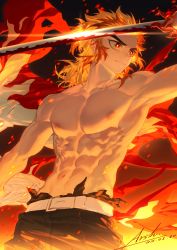 Rule 34 | 1boy, abs, arsh (thestarwish), artist name, belt, blonde hair, cape, closed mouth, dated, fire, highres, holding, holding sword, holding weapon, katana, kimetsu no yaiba, large pectorals, light smile, long hair, male focus, multicolored hair, muscular, muscular male, pants, pectorals, puffy chest, red eyes, red hair, rengoku kyoujurou, signature, solo, sword, topless male, torn clothes, two-tone hair, weapon