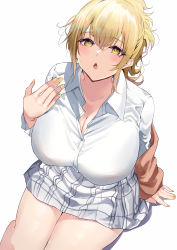 Rule 34 | 1girl, :o, absurdres, blonde hair, blush, breasts, brown jacket, cleavage, collarbone, commentary, commentary request, from above, highres, jacket, large breasts, long hair, long sleeves, looking at viewer, looking up, love live!, love live! nijigasaki high school idol club, miyashita ai, nail polish, namazu (yamasonson), open mouth, ponytail, shirt, sitting, skirt, solo, thighs, white shirt, white skirt, yellow eyes, yellow nails