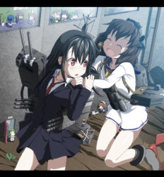 Rule 34 | 10s, 2girls, 41cm twin gun mount, :d, ^ ^, ahoge, animal, animal on head, bag, binoculars, black hair, blazer, blue hair, blush, brown hair, cannon, cat, chasing, closed eyes, door, dress, error musume, fairy (kancolle), from above, green hair, hair ornament, hand on another&#039;s shoulder, hat, hatsushimo (kancolle), headgear, innertube, jacket, jumping, kantai collection, leaf, letterboxed, lifebuoy, long hair, looking back, machinery, mini person, minigirl, miniskirt, multiple girls, necktie, no pants, on head, open door, open mouth, plant, pleated skirt, potted plant, purple hair, red eyes, red necktie, sailor dress, school uniform, serafuku, shoes, short hair, shoulder bag, skirt, smile, string, swim ring, tenzan (kancolle), turret, walking, weapon, wrwr, yukikaze (kancolle)