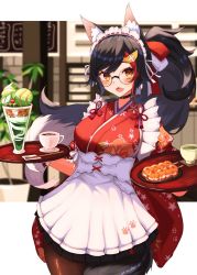 Rule 34 | 1girl, animal ear fluff, animal ears, apron, black hair, black skirt, blurry, blurry background, blush, breasts, brown pantyhose, cherry, coffee cup, commentary, cowboy shot, cup, dango, disposable cup, fang, floating hair, floral print, flower knot, food, fruit, glasses, hair ornament, highres, holding, holding tray, hololive, ice cream, inre kemomimi, japanese clothes, kimono, long hair, looking at viewer, maid apron, maid headdress, medium breasts, miniskirt, mitarashi dango, multicolored hair, official alternate costume, ookami mio, ookami mio (new year), open mouth, orange eyes, pantyhose, paw print, paw print pattern, pleated skirt, ponytail, red hair, red kimono, round eyewear, skirt, smile, solo, standing, streaked hair, sundae, swept bangs, tail, tail around own leg, teacup, tray, underbust, virtual youtuber, wagashi, whipped cream, white hair, wolf ears, wolf girl, wolf tail