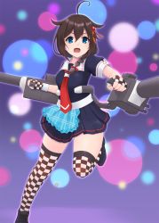 Rule 34 | 1girl, adapted turret, ahoge, apron, black footwear, black hair, black serafuku, black skirt, blue apron, blue background, blue eyes, boots, braid, checkered clothes, checkered gloves, checkered legwear, commentary request, cross-laced footwear, fingerless gloves, frilled apron, frills, gloves, hair flaps, hair ornament, hair over shoulder, highres, kantai collection, lace-up boots, machinery, mmt uf, neckerchief, plaid, plaid apron, pleated skirt, red neckerchief, school uniform, serafuku, shigure (kancolle), shigure kai ni (kancolle), single braid, skirt, solo, sparkle, upper body, waist apron