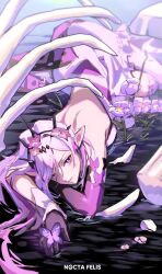 1girl artist_name backless_dress backless_outfit bare_back bare_shoulders castorice_(honkai:_star_rail) dress flower highres honkai:_star_rail honkai_(series) looking_at_viewer lying nocta_felis pointy_ears purple_eyes purple_flower purple_hair solo