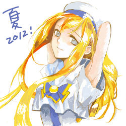 Rule 34 | 10s, 1girl, 2012, alicia florence, aria (manga), armpits, arms behind head, arms up, bad proportions, beret, blonde hair, blouse, hat, light smile, liy (tirol333), lowres, shirt, short sleeves, solo, white background, white shirt