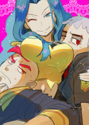 Rule 34 | 1girl, 2boys, bald, bare arms, black jacket, blue eyes, blue hair, breast focus, breast rest, breasts, breasts on head, creatures (company), crop top, game freak, grey hair, half-closed eyes, hand on another&#039;s arm, hand on another&#039;s back, hand on another&#039;s chin, highres, jacket, karen (pokemon), large breasts, light blue hair, long hair, mature male, midriff, multiple boys, nanu (pokemon), navel, niji (shihio), nintendo, one eye closed, parted bangs, parted hair, pink background, pokemon, pokemon hgss, pokemon oras, pokemon sm, red eyes, red hair, red shirt, shirt, short sleeves, sidney (pokemon), sleeves past elbows, spaghetti strap, spiked hair, sweat, yellow shirt