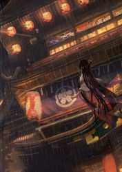 Rule 34 | 1girl, architecture, black hair, dutch angle, east asian architecture, floating, from behind, highres, long hair, night, rain, tukuso, very long hair
