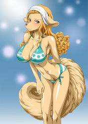 Rule 34 | 1girl, :3, animal ears, bare legs, bikini, blonde hair, blush, breasts, covered erect nipples, curvy, dog ears, dog girl, female focus, furry, furry female, game cg, highres, large breasts, legs together, long hair, looking at viewer, nel-zel formula, one piece, side-tie bikini bottom, simple background, smile, solo, standing, swimsuit, tail, wanda (one piece)