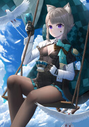 Rule 34 | 1girl, absurdres, animal ear fluff, animal ears, aqua bow, bird, blue sky, bow, breasts, card, cat ears, cleavage, cleavage cutout, clothing cutout, cloud, commentary request, cup, day, facial mark, feet out of frame, genshin impact, gloves, grey hair, highres, holding, holding cup, long hair, looking at viewer, lynette (genshin impact), medium breasts, pantyhose, purple eyes, shrug (clothing), sitting, sky, skym (kumei), small breasts, solo, star (symbol), swing, teacup, thighs, very long hair