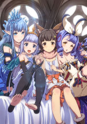 Rule 34 | 4girls, :d, animal ears, aster (granblue fantasy), backlighting, bare shoulders, black legwear, blue eyes, blue hair, blunt bangs, blush, breasts, brown eyes, brown footwear, brown hair, chestnut mouth, closed mouth, collarbone, commentary request, curly hair, detached sleeves, dress, drill hair, drill sidelocks, erin (granblue fantasy), erune, frilled sleeves, frills, fur trim, girl sandwich, granblue fantasy, twirling hair, hairband, hand on another&#039;s shoulder, head tilt, highres, holding hands, indoors, kneeling, lens flare, light purple hair, lily (granblue fantasy), long hair, looking at viewer, medium breasts, midorinocha, multiple girls, on bed, open mouth, phoebe (granblue fantasy), pointy ears, purple hair, sandwiched, sidelocks, sitting, smile, sunlight, thighhighs, toeless legwear, toenails, v-shaped eyebrows, white dress, window