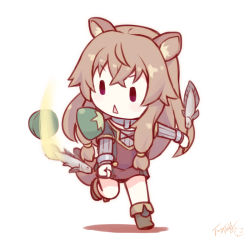 Rule 34 | 1girl, :&lt;, animal, animal ears, blush, boots, brown dress, brown footwear, brown hair, chibi, colored shadow, dress, fish, full body, grey shirt, holding, langbazi, layered sleeves, long hair, long sleeves, looking away, looking to the side, parted lips, raccoon girl, raphtalia, ribbed shirt, shadow, shirt, short over long sleeves, short sleeves, signature, solid oval eyes, solo, standing, standing on one leg, tail, tate no yuusha no nariagari, triangle mouth, v-shaped eyebrows, very long hair, white background
