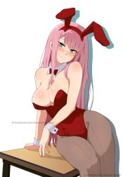 Rule 34 | 1girl, animal ears, animanghayo, aqua eyes, arm support, artist name, bare shoulders, blush, bow, bowtie, breasts, brown pantyhose, cleavage, closed mouth, collar, darling in the franxx, detached collar, eyebrows, eyelashes, eyeshadow, fake animal ears, feet out of frame, female focus, highres, large breasts, leaning to the side, leotard, long hair, looking at viewer, makeup, naughty face, on table, pantyhose, pink hair, playboy bunny, rabbit ears, red bow, red bowtie, red eyeshadow, red leotard, simple background, sitting, smile, solo, strapless, strapless leotard, table, watermark, white background, white collar, white wrist cuffs, wrist cuffs, zero two (darling in the franxx)
