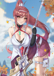 1girl bare_shoulders blue_sky breasts chest_jewel cleavage core_crystal_(xenoblade) criss-cross_halter detached_sleeves fingerless_gloves glimmer_(xenoblade) gloves halterneck high_ponytail highres japanese_clothes kimono large_breasts leaf leaning_forward long_hair looking_at_viewer maple_leaf ponytail red_hair ryuuneart sky smile solo staff swept_bangs white_kimono wide_sleeves xenoblade_chronicles_(series) xenoblade_chronicles_3 xenoblade_chronicles_3:_future_redeemed