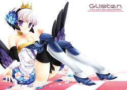 Rule 34 | 1girl, armor, armored dress, bare shoulders, blush, breasts, choker, cleavage, crown, detached sleeves, dress, flower, gwendolyn (odin sphere), large breasts, miyasu risa, odin sphere, petals, purple eyes, short hair, sitting, solo, strapless, strapless dress, thighhighs, white hair, wings