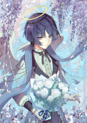 Rule 34 | 1boy, alternate costume, angel, bouquet, flower, genshin impact, hair between eyes, halo, highres, holding, holding bouquet, looking at viewer, male focus, purple eyes, purple flower, purple hair, rose, scaramouche (genshin impact), short hair, solo, wanderer (genshin impact), white flower, white rose, white wings, wings, wisteria