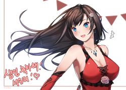 Rule 34 | 1girl, absurdres, bad id, bad pixiv id, bare shoulders, black hair, blue eyes, blush, breasts, cleavage, closers, dress, earrings, elbow gloves, fang, floating hair, flower, frills, gloves, hair ornament, hairpin, highres, jewelry, large breasts, looking back, looking to the side, necklace, open mouth, red dress, rose, solo, star (symbol), star earrings, tag, upper body, white flower, white rose, wind, yeooudam, yuri seo