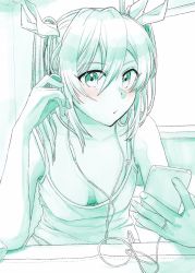 Rule 34 | 1girl, adjusting earphones, aqua theme, blush, bra strap, breasts, camisole, cellphone, cleavage, collarbone, commentary, ear visible through hair, earphones, ears visible through hair, fingernails, hair between eyes, hair ribbon, highres, holding, holding phone, jewelry, kantai collection, listening to music, long hair, looking at viewer, monochrome, multiple monochrome, parted lips, phone, ribbon, ring, sleeveless, smartphone, solo, table, tone (kancolle), twintails, underwear, wedding band, window, yami (m31)