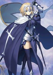 Rule 34 | 1girl, armor, banner, blonde hair, blue eyes, cross, fate/apocrypha, fate/grand order, fate (series), gauntlets, holding, holding weapon, jeanne d&#039;arc (fate), jeanne d&#039;arc (ruler) (fate), looking at viewer, official art, resized, smile, solo, sword, takeuchi takashi, upscaled, waifu2x, weapon