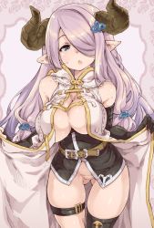 Rule 34 | 10s, 1girl, asymmetric gloves, asymmetrical gloves, bare shoulders, belt, black gloves, blue eyes, breasts, demon horns, draph, elbow gloves, female focus, fingerless gloves, gloves, gluteal fold, granblue fantasy, hair ornament, hair over one eye, hairclip, horns, large breasts, leg belt, light purple hair, long hair, looking at viewer, narmaya (granblue fantasy), no panties, open mouth, pointy ears, single thighhigh, solo, thighhighs, thomasz, uneven gloves