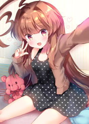 Rule 34 | 1girl, :d, ahoge, bad id, bad pixiv id, bare shoulders, black dress, blush, breasts, brown hair, brown jacket, collarbone, dress, fang, hair intakes, heart, highres, huge ahoge, indoors, jacket, kantai collection, kuma (kancolle), long hair, long sleeves, looking at viewer, masayo (gin no ame), open clothes, open jacket, open mouth, polka dot, polka dot dress, reaching, reaching towards viewer, red eyes, sitting, skin fang, sleeveless, sleeveless dress, small breasts, smile, solo, stuffed animal, stuffed toy, teddy bear, unmoving pattern, very long hair, w