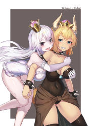 Rule 34 | 2girls, :p, armlet, ass, bare legs, bare shoulders, bent over, black legwear, black leotard, blonde hair, blue eyes, blue gemstone, blush, bowsette, bracelet, grabbing another&#039;s breast, breasts, brown horns, cleavage, clenched teeth, collar, collarbone, commentary request, covered navel, crown, elbow gloves, female focus, frilled gloves, frilled leotard, frills, gem, ghost, gloves, grabbing, grabbing from behind, grey background, grin, hair between eyes, highres, horns, hug, hug from behind, jewelry, large breasts, legs, leotard, long hair, looking at viewer, luigi&#039;s mansion, mario (series), mini crown, monster girl, multiple girls, natori youkai, neck, new super mario bros. u deluxe, nintendo, pale skin, pink eyes, ponytail, princess king boo, sharp teeth, skindentation, smile, spiked armlet, spiked bracelet, spiked collar, spikes, standing, strapless, strapless leotard, super crown, teeth, thighhighs, tilted headwear, tongue, tongue out, twitter username, two-tone background, very long hair, white background, white gloves, white hair, white leotard, yuri