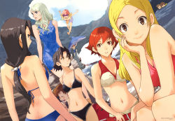 Rule 34 | 00s, 6+girls, absurdres, arms behind back, ass, baccano!, back, belt, bikini, black hair, blonde hair, breasts, brown eyes, casual one-piece swimsuit, cave, chane laforet, character request, claire stanfield, cleavage, dress, dutch angle, edith, edith (baccano!), enami katsumi, ennis, firo prochainezo, floating, halterneck, head rest, highres, isaac dian, knife, long hair, looking at viewer, looking back, miria harvent, multiple girls, navel, official art, one-piece swimsuit, peeking, red hair, rock, scan, scan artifacts, shark, short hair, sitting, smile, standing, swimsuit, weapon