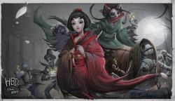 Rule 34 | 2boys, 3girls, absurdres, arthropod girl, bare tree, black headwear, black sclera, cake, candle, claws, colored sclera, copyright name, folding fan, food, full moon, green kimono, grey sky, hand fan, hat, highres, horns, identity v, insect girl, jack (identity v), japanese clothes, kimono, michiko (identity v), moon, mouth hold, multiple boys, multiple girls, no pupils, red eyes, red kimono, skull, sky, spider girl, standing, stitches, tom23579, tree, violetta (identity v), wide sleeves, yarn