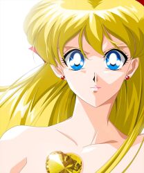 Rule 34 | 1girl, aino minako, bare shoulders, bishoujo senshi sailor moon, blonde hair, blue eyes, bow, collarbone, earrings, hair bow, heart, highres, jewelry, lips, long hair, looking at viewer, neck, pink lips, red bow, serious, solo, straight hair, sumoonshi, upper body, very long hair, white background
