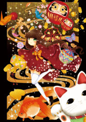 Rule 34 | 1girl, animal ears, bell, blush, bow, brown hair, bug, butterfly, cat, cat ears, daruma doll, fish, flower, flower ornament, food, goldfish, green eyes, highres, insect, japanese clothes, kimono, long hair, looking away, maneki-neko, origami, original, paper crane, ringed eyes, salmonluv3, snowflakes, solo, sushi, thighhighs, very long hair, white thighhighs, zettai ryouiki