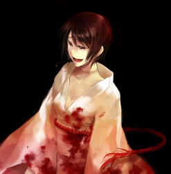 Rule 34 | 1girl, bad id, bad pixiv id, black hair, blood, blood on clothes, breasts, cleavage, fatal frame, fatal frame 2, japanese clothes, kimono, koko (oyasuminasai), kurosawa sae, open mouth, red eyes, rope, short hair, small breasts, solo, string, string of fate, tears