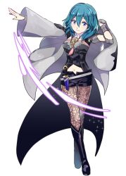 Rule 34 | 1girl, ararecoa, armor, bad id, bad twitter id, blue eyes, blue hair, breasts, byleth (female) (fire emblem), byleth (fire emblem), cape, fire emblem, fire emblem: three houses, hair ornament, highres, long hair, looking at viewer, nintendo, shorts, simple background, solo, white background