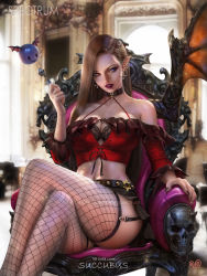Rule 34 | 1girl, breasts, brown hair, chair, choker, cleavage, cleavage cutout, clothing cutout, collar, crop top, crossed legs, demon girl, demon wings, detached sleeves, ear piercing, earrings, fishnet thighhighs, fishnets, garter straps, highres, jewelry, large breasts, lingerie, miniskirt, navel, navel cutout, original, parted bangs, piercing, pointy ears, red lips, revealing clothes, sitting, skirt, solo, thick lips, thighhighs, thighs, underwear, wings, yam spectrum