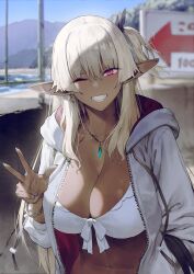 Rule 34 | 1girl, absurdres, bikini, blue nails, blurry, blurry background, bracelet, breasts, chyko, cleavage, collarbone, commentary request, crescent, crescent earrings, dark-skinned female, dark elf, dark skin, day, depth of field, earrings, elf, grin, hair between eyes, hand in pocket, highres, hood, hoodie, jewelry, large breasts, long hair, looking ahead, looking at viewer, one eye closed, one side up, open clothes, open hoodie, original, outdoors, pendant, pink eyes, pointy ears, smile, solo, straight-on, swimsuit, upper body, w, white bikini, white hair